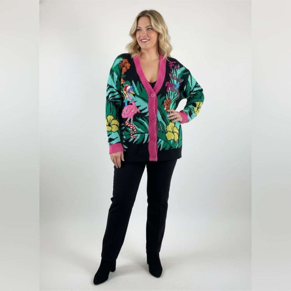 Holiday Time Women Ugly Christmas Sweater XL Flamingo Tropical Fa La La Cardigan